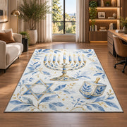 Watercolor Hanukkah Rug in a living room with a desk and large windows