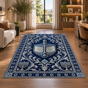 Silver Dreidel Rug in a living room with a desk and large windows