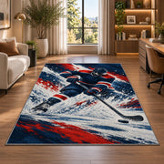 Hockey Player Ice Spray rug in a living room with a desk and large windows