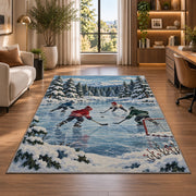 Pond Hockey in the Pines rug in a living room with a desk and large windows
