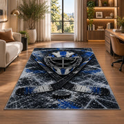 Goalie Mask Crossed Sticks rug in a living room with a desk and large windows