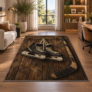 Hockey Skates on Barn Wood rug in a living room with a desk and large windows