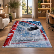 Puck Hitting the Net rug in a living room with a desk and large windows