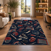 Hockey Gear Pattern rug in a living room with a desk and large windows