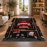 Hockey Locker Room rug in a living room with a desk and large windows