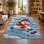 Polar Bear Hockey Player rug in a living room with a desk and large windows