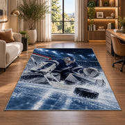Goalie Making the Save rug in a living room with a desk and large windows