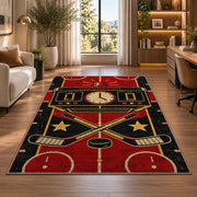 Retro Hockey Scoreboard rug in a living room with a desk and large windows