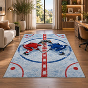 Faceoff at Center Ice rug in a living room with a desk and large windows