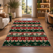 Hockey Christmas Sweater rug in a living room with a desk and large windows