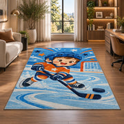 Little Hockey Star rug in a living room with a desk and large windows