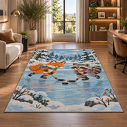 Fox and Raccoon Hockey rug in a living room with a desk and large windows