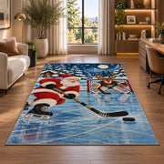 Santa Plays Hockey rug in a living room with a desk and large windows