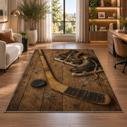 Vintage Hockey Stick and Skates rug in a living room with a desk and large windows