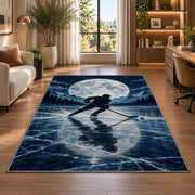 Hockey Player Under the Moon rug in a living room with a desk and large windows