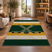Hockey Jersey Stripes rug in a living room with a desk and large windows
