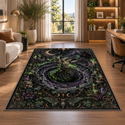 A witch above a green glowing portal with vines, skulls, and mystical borders rug in a bright home office