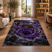 A grinning skeletal creature reaching from a violet vortex above a dark cemetery rug in a bright home office