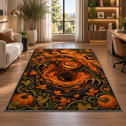A glowing jack-o-lantern over an orange spiral with pumpkins and curling vines rug in a bright home office