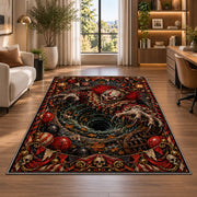 A sinister clown above a swirling pit surrounded by red balloons and carnival details rug in a bright home office