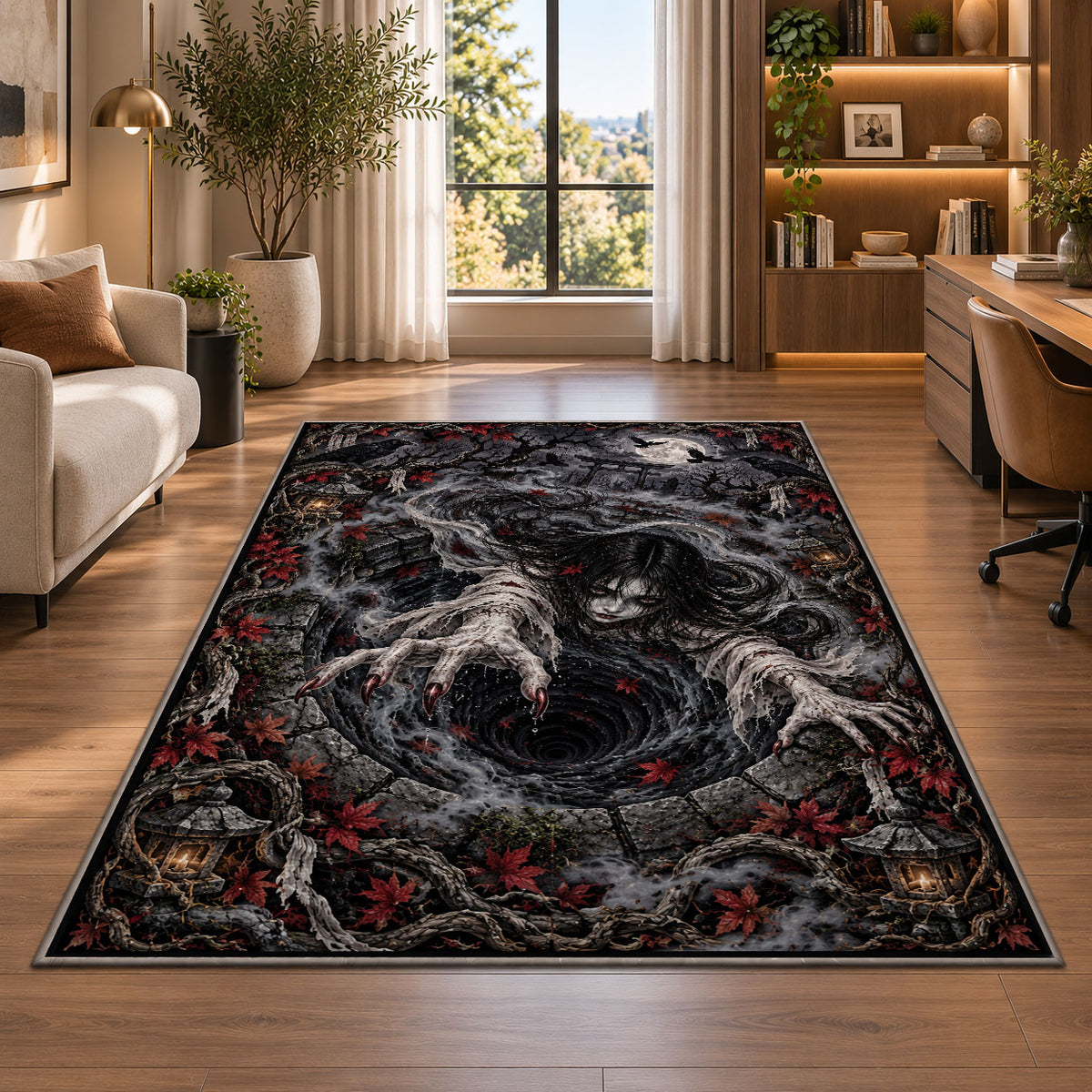 A long-haired ghost above a dark spiral with skulls, cobwebs, and ornate borders rug in a bright home office