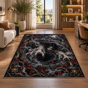 A long-haired ghost above a dark spiral with skulls, cobwebs, and ornate borders rug in a bright home office