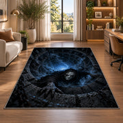 A pale hooded phantom emerging from a blue stone vortex rug in a bright home office