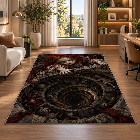 An eerie red-haired doll gripping a skull-lined spiral stone well rug in a bright home office