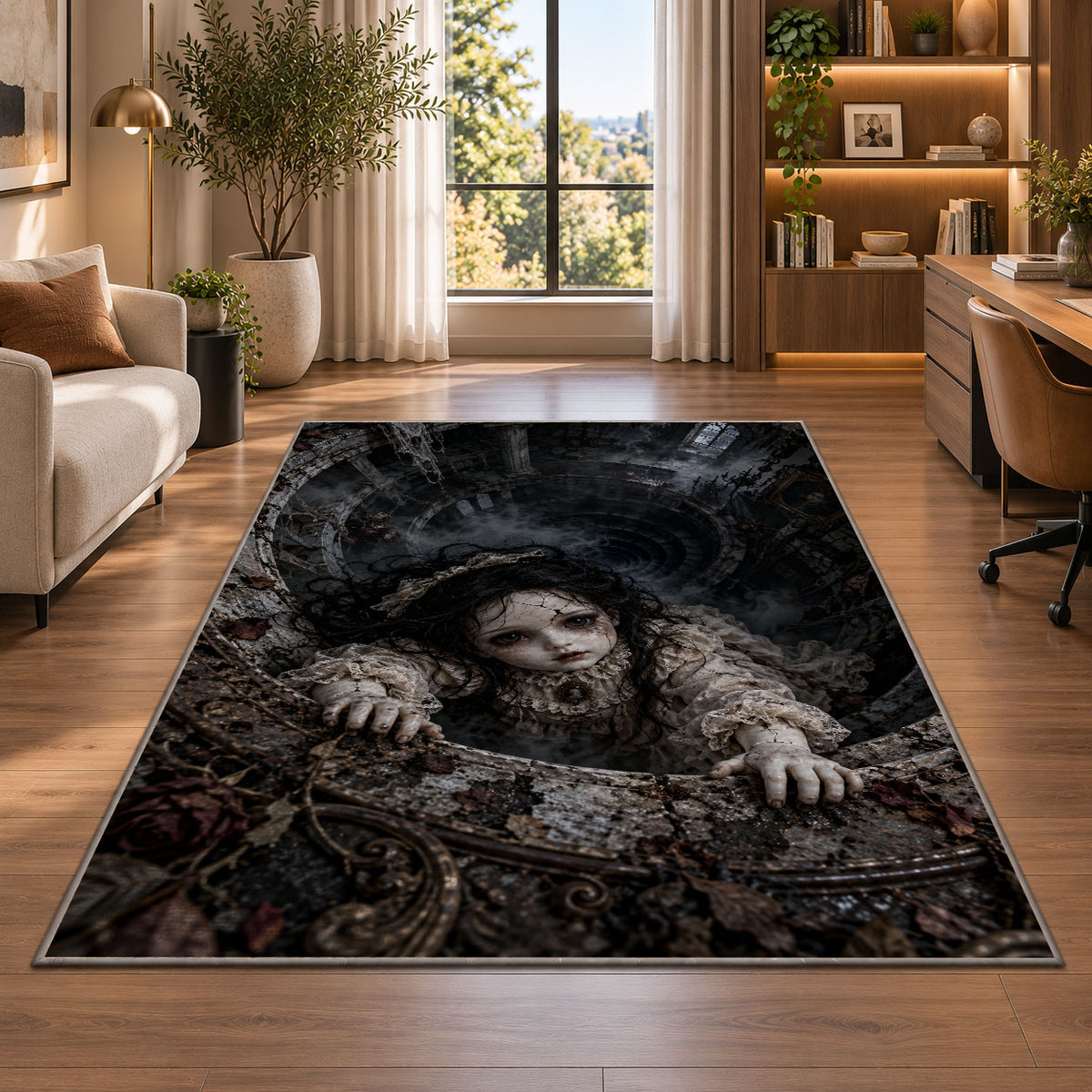A dark-haired antique doll climbing over a deep circular stone shaft rug in a bright home office