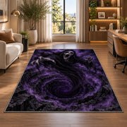 A screaming hooded specter hovering above a purple swirling abyss rug in a bright home office