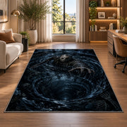 A masked figure reaching out from a dark flooded stone vortex rug in a bright home office