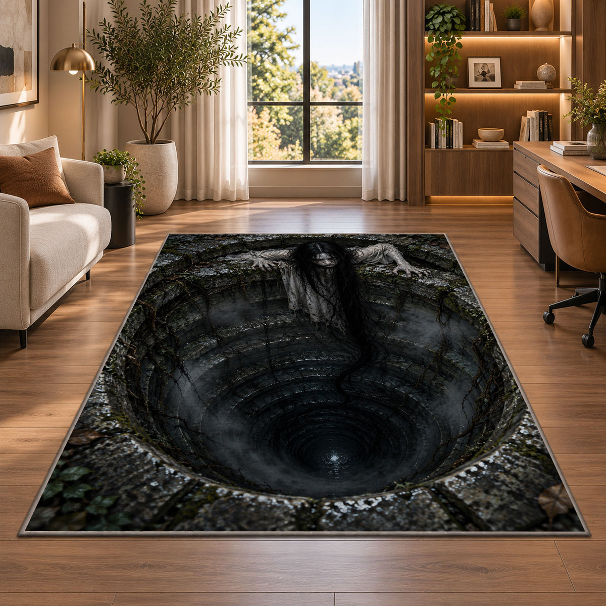 A long-haired ghost leaning over a deep stone well beneath tangled branches rug in a bright home office