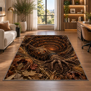 A ragged scarecrow with glowing eyes rising beside an autumn-leaf spiral rug in a bright home office