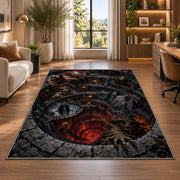 A gathering of eerie creatures surrounding a glowing red spiral pit rug in a bright home office
