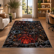 An ensemble of sinister figures framing a fiery descending castle abyss rug in a bright home office