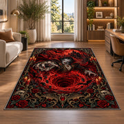 Gothic vampire red vortex area rug in a bright home office