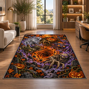 Skeleton and jack-o'-lantern graveyard vortex area rug in a bright home office