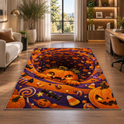 Cute pumpkin and candy spiral area rug in a bright home office