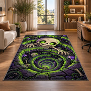Glowing green skeleton well vortex area rug in a bright home office