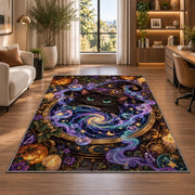 Black cat witch cauldron galaxy area rug in a bright home office