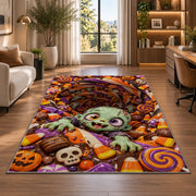 Cute zombie candy vortex area rug in a bright home office