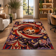 Creepy circus clown spiral area rug in a bright home office