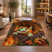Cute dinosaur pumpkin costume area rug in a bright home office