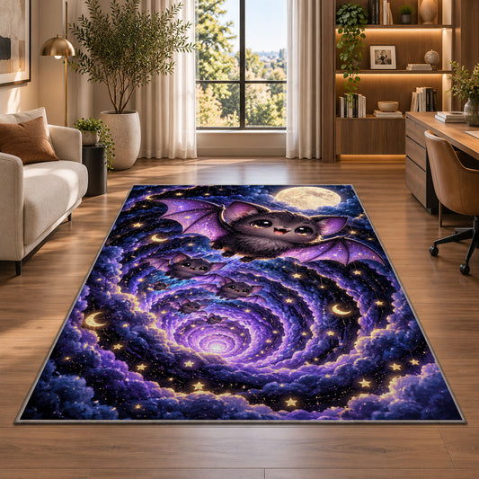 Cute bat full moon galaxy area rug in a bright home office