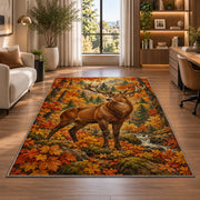 Autumn Whitetail Buck rug in a living room with a desk and large windows