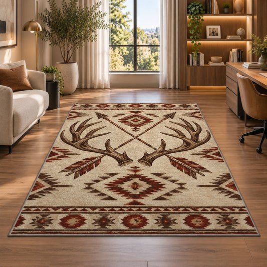 Antlers and Arrows rug in a living room with a desk and large windows
