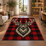 Buffalo Plaid Deer rug in a living room with a desk and large windows