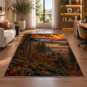 Tree Stand Sunrise rug in a living room with a desk and large windows