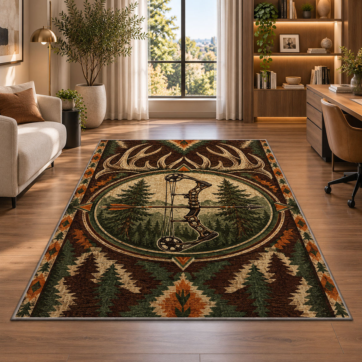 Bowhunting Emblem rug in a living room with a desk and large windows