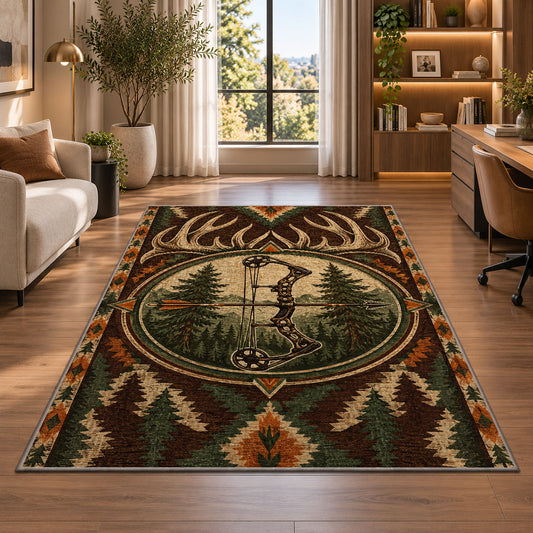 Bowhunting Emblem rug in a living room with a desk and large windows